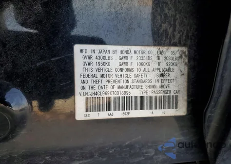 2007 Acura Tsx z USA, uszkodzony, nr VIN JH4CL969X7C018995